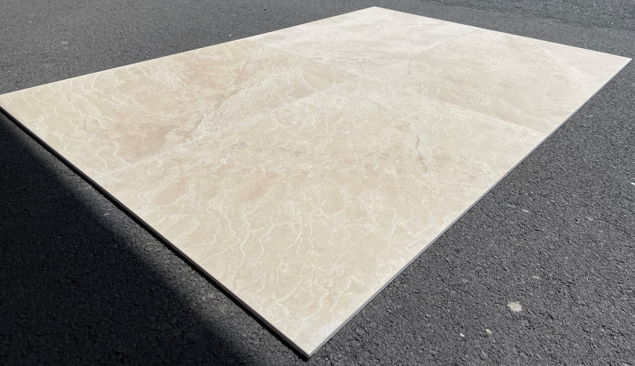 LAGUNA LIGHT Travertine brushed/filled - 36" x 24" x 3/8" Tile - Rocks in Stock