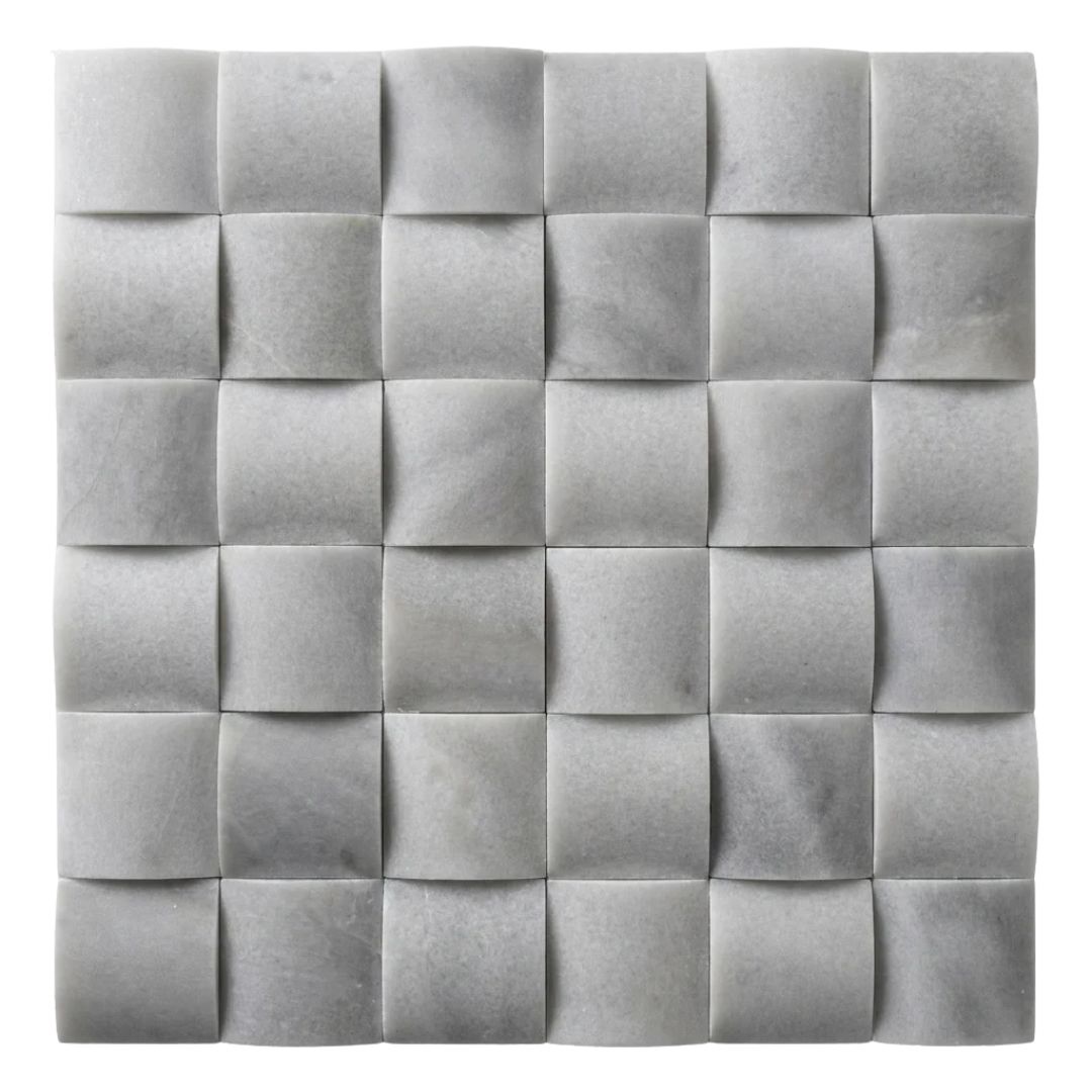 A square gray marble tile sheet featuring a grid pattern of raised, three-dimensional square tiles with subtle natural veining.