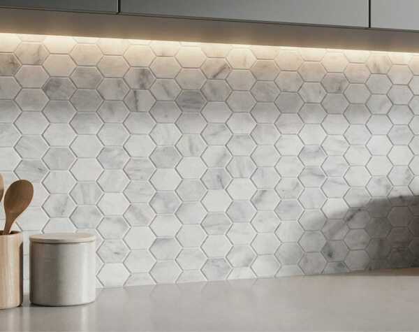Kitchen | Bianco Grey, Hexagon, Mosaic - Mediterranean