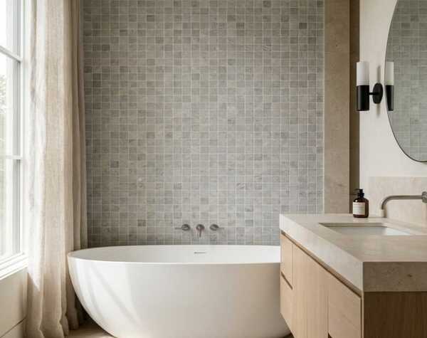 Bathroom | Bianco Grey 2x2, Squares, Mosaic - Mediterranean