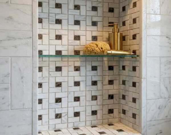 Bathroom | Bianco White & Emprador, Basket Weave, Mosaic - Mediterranean