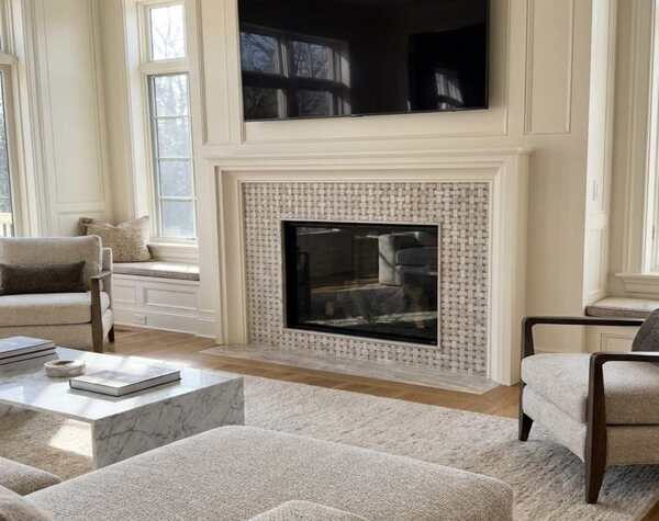 Fireplace | Grey & Emprador, Basket Weave, Mosaic - Mediterranean