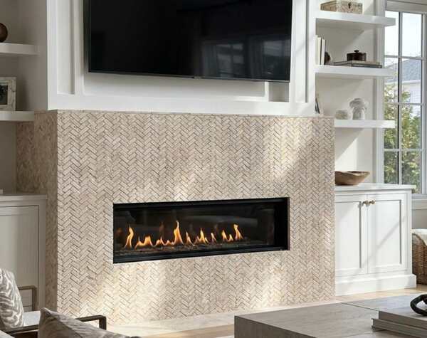 Fireplace | Travertine Beige, Herringbone, Mosaic - Mediterranean