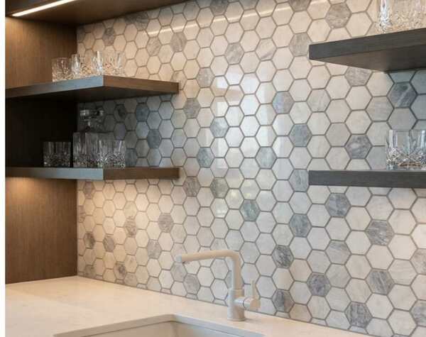 Kitchen | White & Blue Mix, Hexagon, Mosaic - Mediterranean