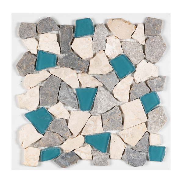 Marble/Glass-Mosaic-BLUE FIN MIX Marble/Glass Cliff Sea Glass Stone Mosaic- Stone Supplier - Rocks in Stock
