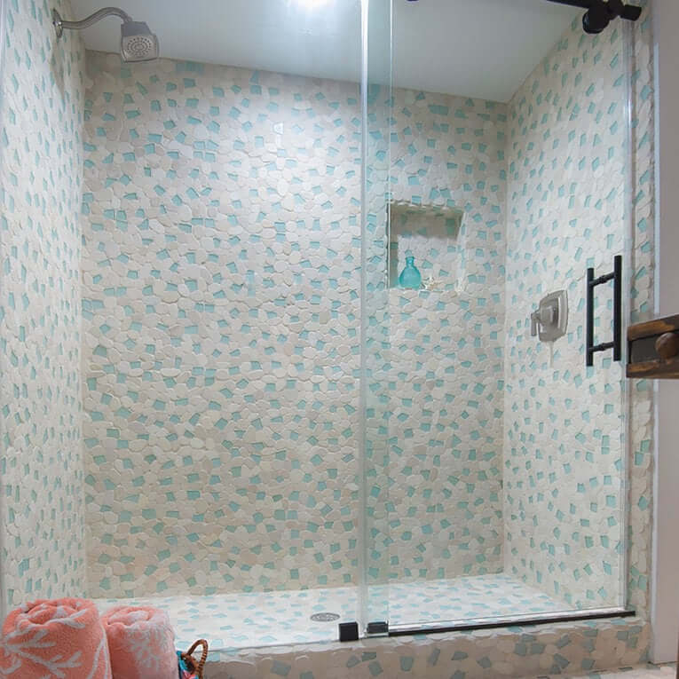 Marble/Glass-Mosaic-SEA FOAM MIX Marble/Glass Mosaic Flat Sea Glass- Stone Supplier - Rocks in Stock