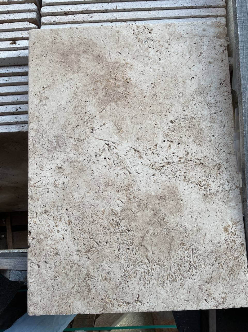Travertine-Tile-Flooring-DARK WALNUT Travertine brushed/unfilled tile 18"x18"- Stone Supplier - Rocks in Stock