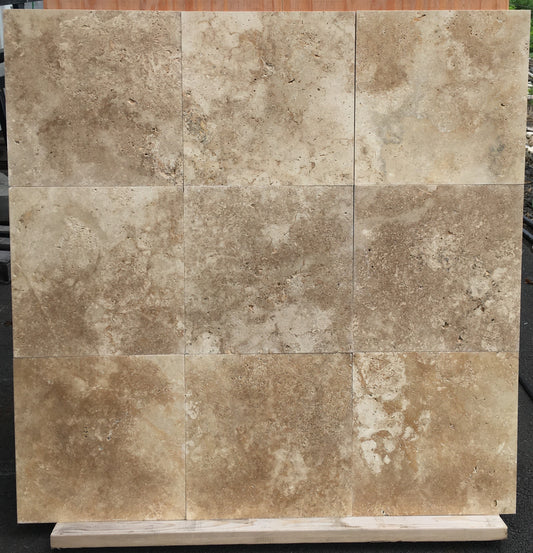 Light Walnut Travertine brushed unfilled 18x18 tile - Rocks in Stock